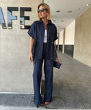 Casual Workwear Drawstring Shirt And Trousers Set Navy
