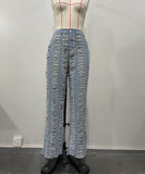 Women's Wide Leg Denim Trousers with Trendy Perforated Fringes