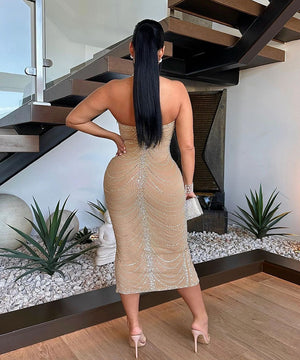 Glamorous Hot Drill Hanging Neck Perspective Slim Slit Wrap Buttock Dress