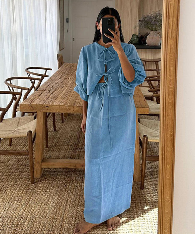 Puff Sleeve Summer Shirt Set with Stylish Half-Length Skirt