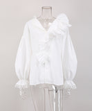 Chic Sexy Deep V-Neck Wooden Ear Edge Long Sleeve Lace Shirt