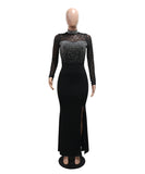 Beaded Mesh Panel Dress Long-Sleeved Cinched Waist
