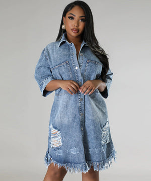 Denim Dress With Frayed Hem And Fringed Sleeves