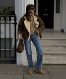 Fashionable Loose Warm Retro Lambskin Coat Deep Brown