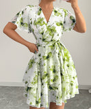 Printed Short Sleeved Cake Dress for Women in Blue Green and Brick Red