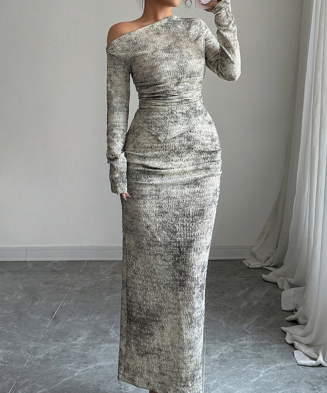 Elegant Off The Shoulder Long Sleeved Dress Set in Deep Apricot