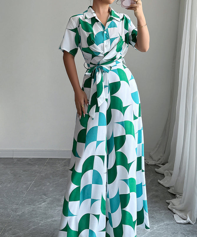 Printed Short Sleeved Wide Leg Jumpsuit Trousers in Green