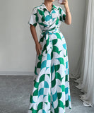 Printed Short Sleeved Wide Leg Jumpsuit Trousers in Green