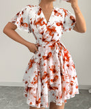 Printed Short Sleeved Cake Dress for Women in Blue Green and Brick Red