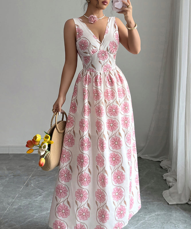 Elegant Floral Print Fitted Long Dress in Pink for Any Occasion