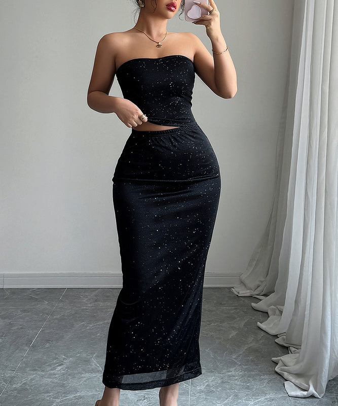 Strapless Top Cinched In Skirt Set Black Polyester Elastane