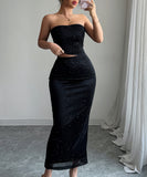 Strapless Top Cinched In Skirt Set Black Polyester Elastane