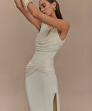 Round-Neck Backless Sleeveless Pleated Slit Dress Elegant Evening Cocktail Party Attire
