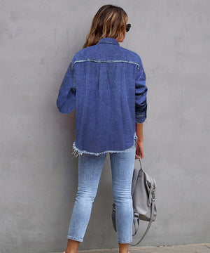 Relaxed Fit Denim Jacket with Lapel for Women - American Street Wash Style
