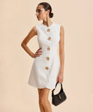 A Sleeveless Round-Neck Button-Down Solid-Color Short Dress