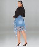Plus Size Women's Denim Fringed Skirt in Black and Blue