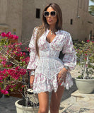Chic Printed Waist Long Sleeve Short Lace Dress in Purple Pink