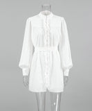 Chic Lace-up Ruffled Long-Sleeved Dress in Elegant White