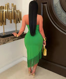 Tassel Lace-Up Sleeveless Bodycon One-Piece Dress in Green Brown