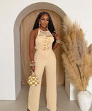 Women's High Neck Sleeveless One-Piece Pants in Apricot Black White