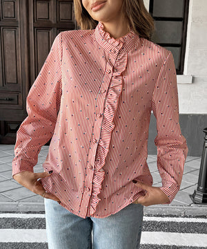 Casual Striped Button Down Shirt With Wooden Earflaps