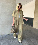 Casual Workwear Drawstring Shirt And Trousers Set Navy