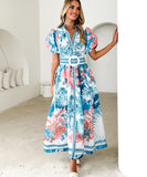 Casual Long Printed Dress with Cinched Waist in Blue