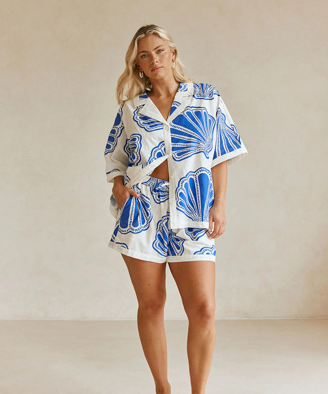 Relaxing Loose Printed V Neck Homewear Set Blue Polyester