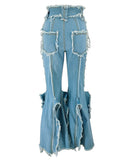 Fluffy Fringed Wide Leg Denim Pants Light Blue For Women