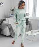 Large Size Tie-Dye Long Sleeve Home Wear Set in Green
