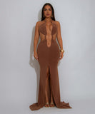 Off-The-Shoulder Fish-Tail Slit Dress With Cutout Design Sleek Evening Silhouette