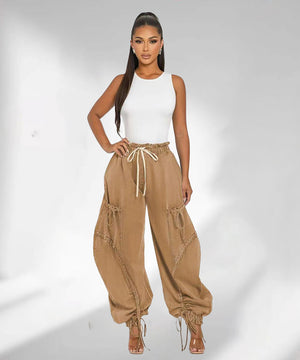 Loose Straight Leg Jeans With Drawstring Tie And Bow Detail