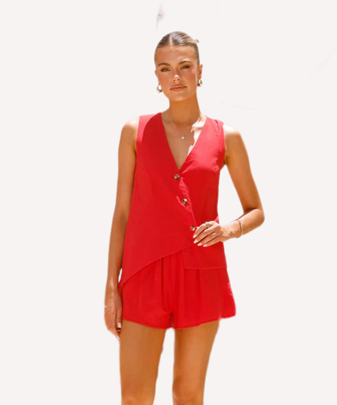 Solid Color Shorts And V Neck Pullover With Waistband