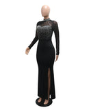 Beaded Mesh Panel Dress Long-Sleeved Cinched Waist