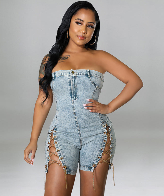 Sexy Off The Shoulder Denim Jumpsuit With Copper Chains