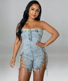Sexy Off The Shoulder Denim Jumpsuit With Copper Chains