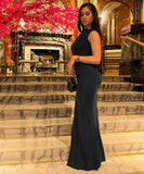 Solid Color Pleated High Waisted Fitted Long Black Dress