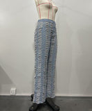 Women's Wide Leg Denim Trousers with Trendy Perforated Fringes