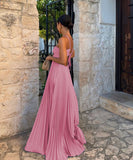 Solid Color Plunging Pleated Sleeveless Halter Dress for You