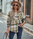 Collared Long Sleeve Pocket Casual Check Shirt Polyester