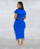 A Two-Piece Set of Solid-Color Fringed Round-Neck Short-Sleeve Long Dress