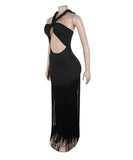 Fringed Sleeveless Long Dress with Flowing Skirt in Black Blue