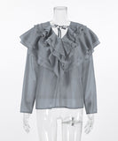 Chic V-Neck Peplum Halter Long-Sleeved Shirt for Style