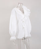 Chic Sexy Deep V-Neck Wooden Ear Edge Long Sleeve Lace Shirt