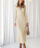 Sexy Long Sleeve Pleated Dress Multicolor Apricot Pink