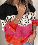 Classic Womens Leopard Patchwork Relaxed Knit Sweater