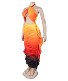 Fashionable Yellow Low-Cut Pleated Print Set for Stylish Look