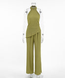 Backless Green Casual Outfit with Neck-Revealing Design