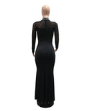 Beaded Mesh Panel Dress Long-Sleeved Cinched Waist