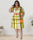 Plus Size Checkered Shirt Dress Short Sleeve Cowl Neck Polyester